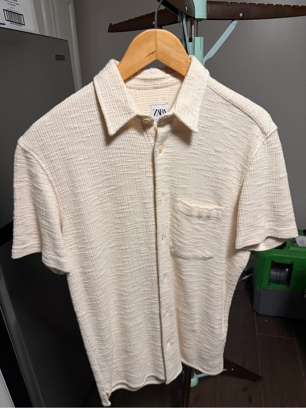 ZARA Cream Short Sleeve Textured Button-Down Shirt